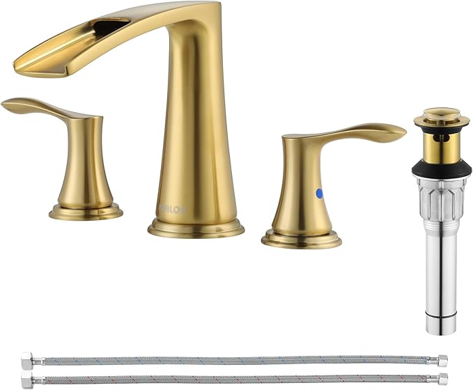 PARLOS Waterfall Widespread Bathroom Faucet Double Handles with Metal Pop Up Drain & cUPC Faucet Supply Lines, Brushed Gold, Demeter 1431808