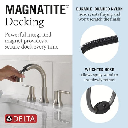 Delta Faucet Trinsic Pull Down Bathroom Faucet, Bathroom Pull Out Faucet, Brushed Nickel Widespread Bathroom Faucet 3 Hole, Bathroom Sink Faucet with Magnetic Docking, Stainless 3559-SSPD-DST