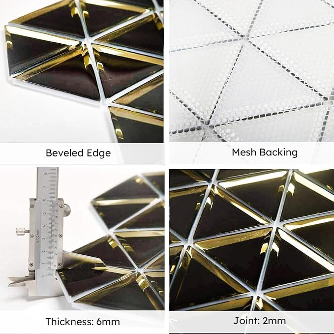 Beveled Mirror Glass Mosaic Tile, Glass Tile for Bathroom Kitchen Backsplash Shower Wall, Pack of 5 Sheets (Black and Gold, 3 Inch)