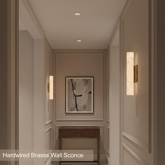 Alabaster Wall Sconce, 20in Linear Gold Brass Wall Sconces, Luxury Marble Look Bathroom Vanity Light, 3000K Dimmable Hardwired Wall Lamp for Living Room Bedroom Hallway, 1 Pack, Faux Alabaster