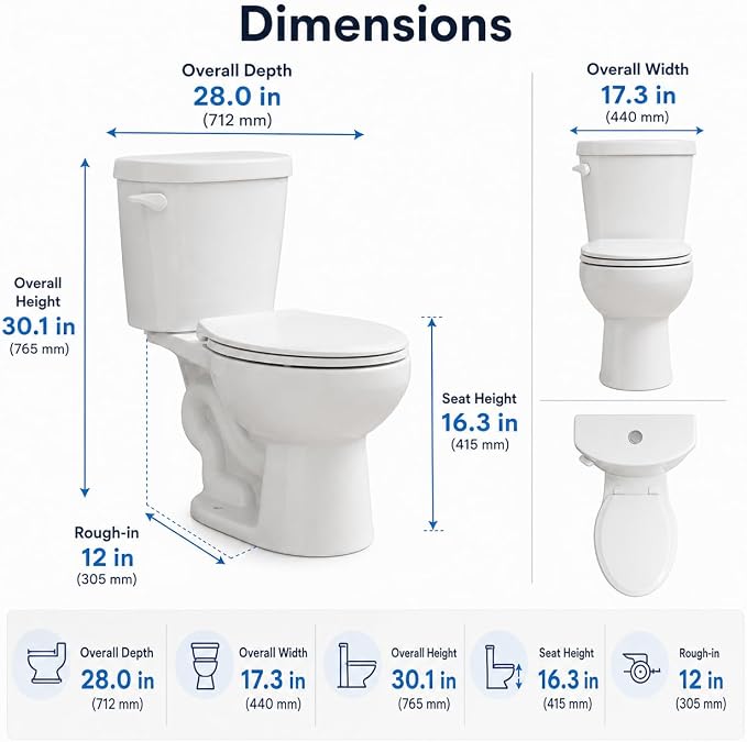16.3" ADA Height Elongated Two Piece Toilet, Modern White Ceramic Bathroom Toilet with Side Push Handle, Locking PP Lid, 1.28 GPF Water Efficient Flush, cUPC Certified