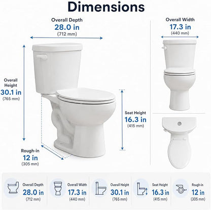 16.3" ADA Height Elongated Two Piece Toilet, Modern White Ceramic Bathroom Toilet with Side Push Handle, Locking PP Lid, 1.28 GPF Water Efficient Flush, cUPC Certified
