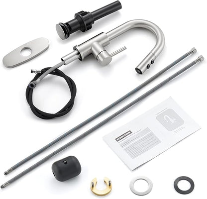 Brushed Nickel Bathroom Faucet with Pull Down Sprayer, Single Hole Bathroom Faucet with Pop-up Drain and Flexible Hoses, 1 Handle Sink Faucets for Vanity, Modern Farmhouse, Vanity, Restroom