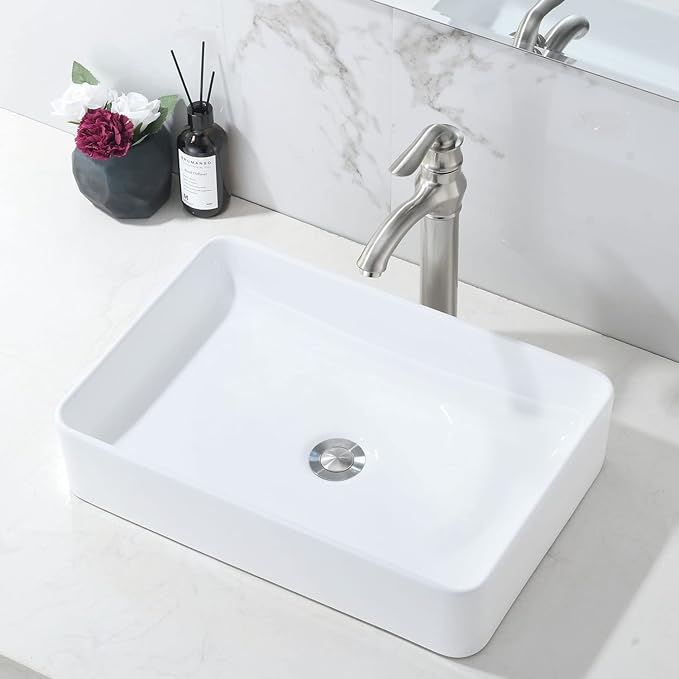 20 Inch Bathroom Sink Rectangular Above Counter, 20x14 Inch Modern White Vessel Sink Porcelain Ceramic Countertop Hand Wash Vessel Vanity Sink Art Basin