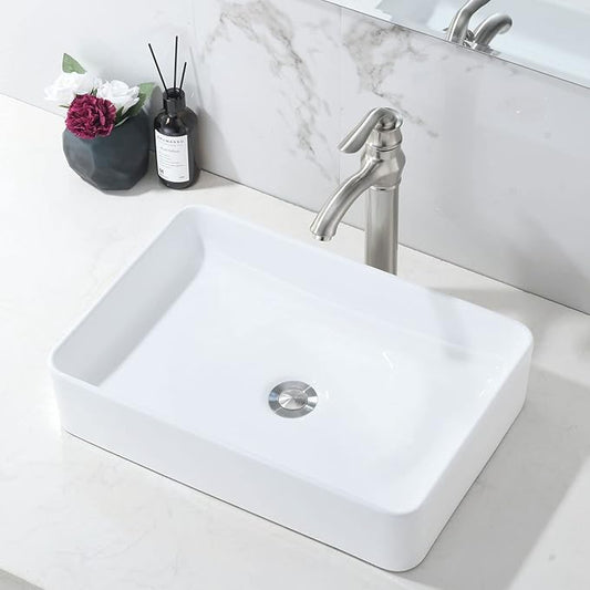 20 Inch Bathroom Sink Rectangular Above Counter, 20x14 Inch Modern White Vessel Sink Porcelain Ceramic Countertop Hand Wash Vessel Vanity Sink Art Basin