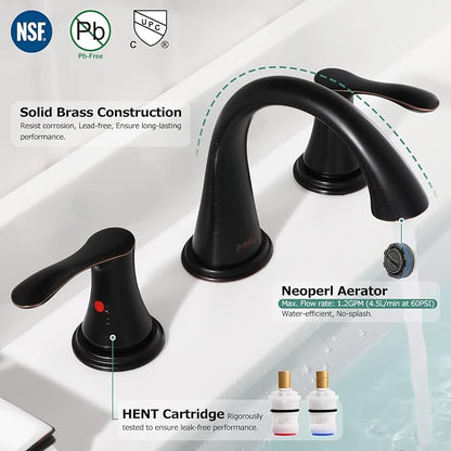 Bathroom Sink Faucet 8 Inch Widespread for Vanity, Oil Rubbed Bronze | Mid Arc Brass Spout, 2 Handle Lead-Free Bathroom Faucet with Metal Pop Up Drain Supply Lines for 3 Hole Lavatory Utility Sink