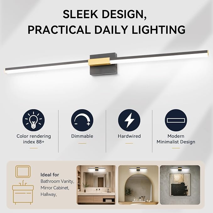 SOLFART Bathroom Lighting Fixtures Over Mirror 48 Inch: Black and Gold Dimmable Vanity Light, Built-in Dimmer, Thickened Aluminum Body, 360 Degree Rotation, ETL IP44