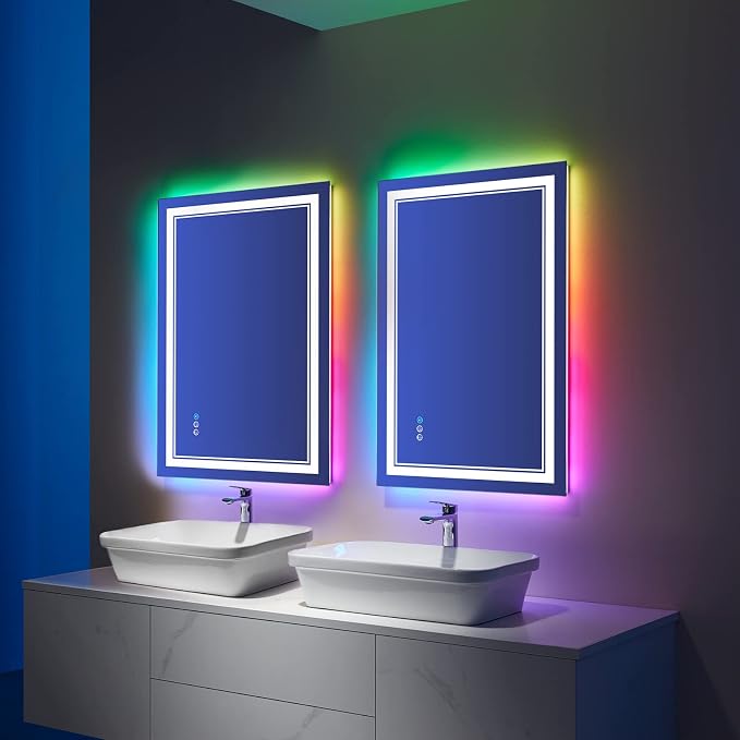 28x36 Inch RGB LED Bathroom Mirror with Lights | Front and RGB Backlit, Dimmable, Memory, Anti Fog, Shatterproof, Horizontal/Vertical, Lighted Mirrors for Bathroom Wall