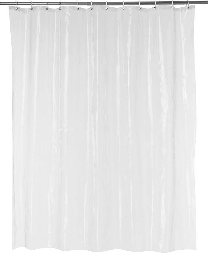 Amazon Basics Water Resistant 8-Gauge PEVA Shower Curtain Liner with Rust-Proof Metal Grommets and Plastic Hooks, 72"L x 72"W, Clear