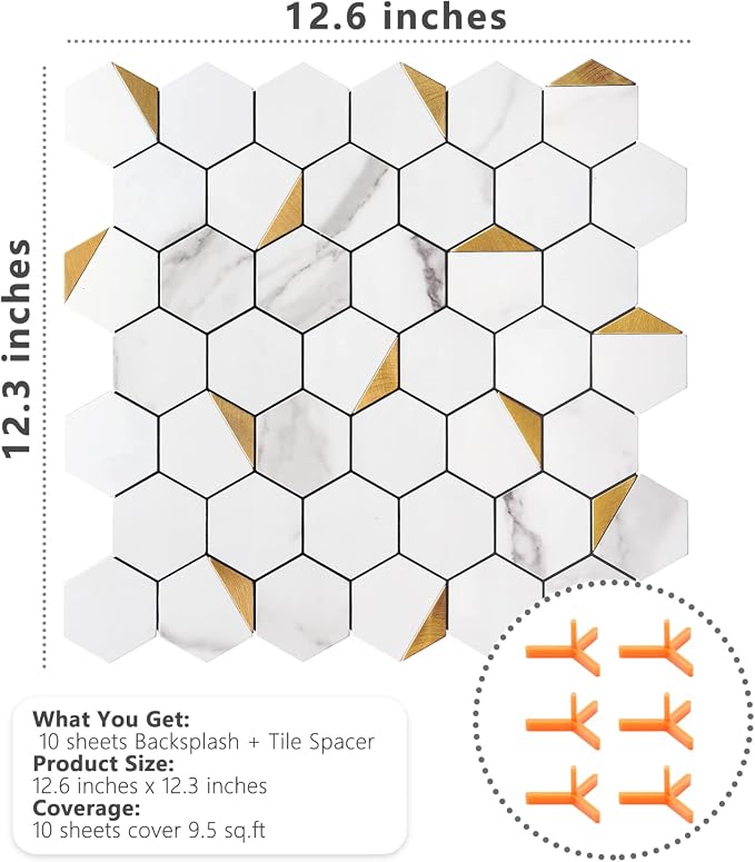 STICKGOO Peel and Stick Backsplash for Kitchen, Self-Adhesive Tile Hexagon Mosaic Tiles (10 Sheets, White Marble with Metal Gold )