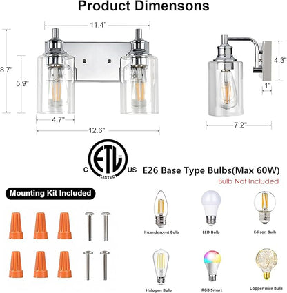 2-Light Bathroom Light Fixtures Modern Chrome Vanity Lights for Bathroom Lighting Fixtures Over Mirror for Cabinet Mirror Bedroom Hallway