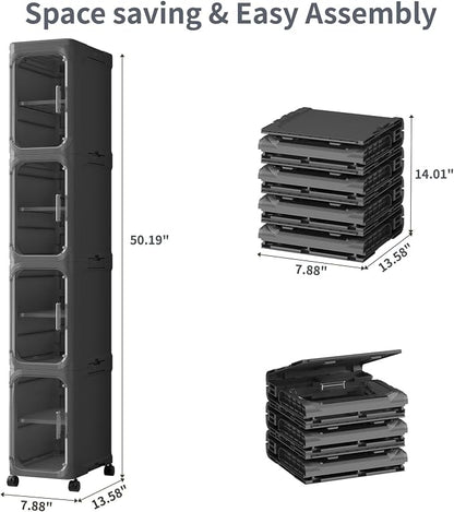 4 Tier Slim Bathroom Storage Cabinet, Foldable and Movable, Black | Tools Free, ABS and PET, Magnetic Clear Door, Adjustable Shelves, Lockable Wheels, Water Resistant, For Narrow Space