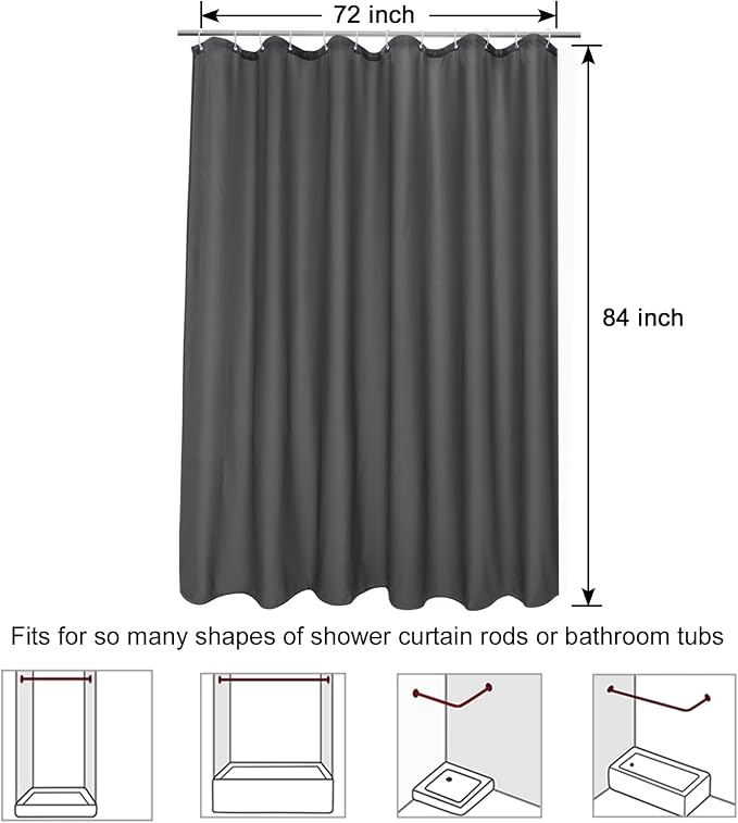 EurCross Dark Gray Fabric Longer Shower Curtain Liner 72 x 84 inch Length,Water Repellent Durable Solid Grey Extra Long Shower Curtains for Bathroom with Hooks