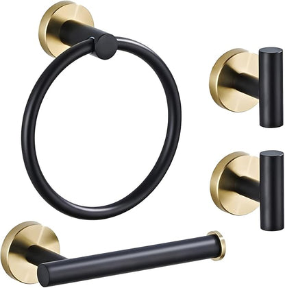 Bathroom Hardware Set 4 Piece Black&Gold Wall Mounted Stainless Steel Hardware Towel Bar Set Gold Bathroom Accessories Towel Rack Set Kit Includes Hand Towel Ring, Toilet Paper Holder, 2 Robe Hook