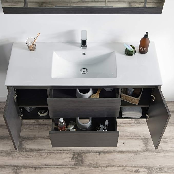 Blossom 48 Inch Bathroom Vanity with Sink, Wall Mounted All-Wood Floating Bathroom Vanity Cabinet with Ceramic Sink, Vanities for Bathroom, 2 Doors and Soft-Closing U-Shaped Drawers, Silver Grey