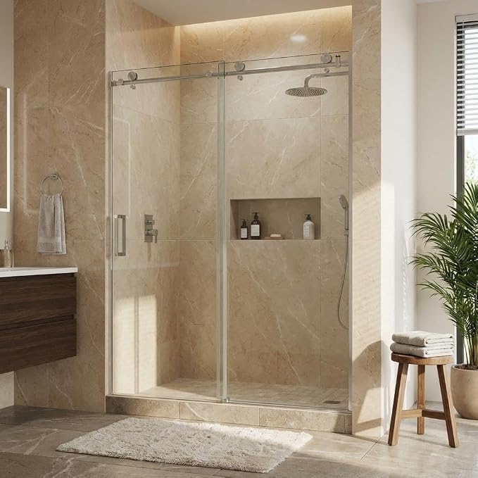 56-60" W x 76" H Frameless Sliding Shower Door, 5/16" (8mm) Tempered Glass with Explosion-Proof Film & Easy-Clean Coating, Brushed Nickel Bypass Shower Door with Seal Strip
