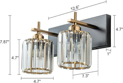 2-Light Crystal Bathroom Vanity Lights, Black Gold Modern Bathroom Light Fixtures Over Mirror Crystal Wall Lighting with Polished Gold Finish