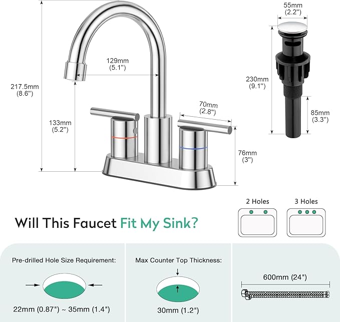 Faustina Polished Chrome Bathroom Faucet, 4 Inch Centerset Bathroom Faucet for Sink 2 Holes 3 Holes，Two Handles 304 Stainless Steel Faucet with Pup up Drain and 2 Water Supply Lines for RV Vanity