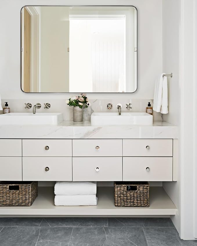 Wall Mirror Brushed Nickel for Bathroom, 30x36 Rounded Rectangle Mirror with Stainless Steel Silver Metal Frame, Modern Bathroom Vanity Mirror