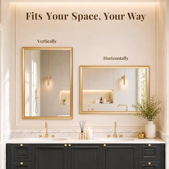 Brushed Gold Bathroom Mirrors for Over Sink 30x40 Inch | Curved Aluminum Frame Rectangle Vanity Mirror for Bedroom Living Room Entryway, HD Tempered Glass, Anti-Rust