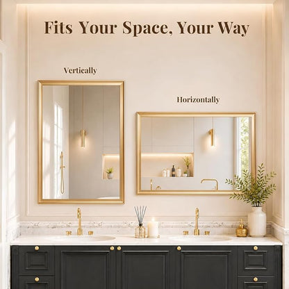 Brushed Gold Bathroom Mirrors for Over Sink 30x40 Inch | Curved Aluminum Frame Rectangle Vanity Mirror for Bedroom Living Room Entryway, HD Tempered Glass, Anti-Rust