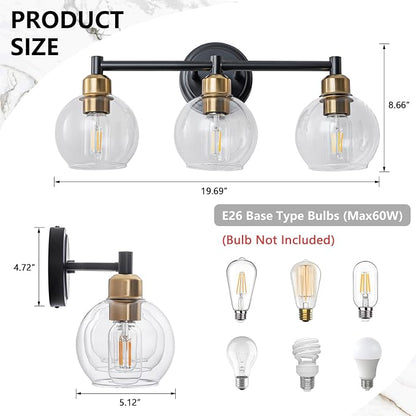 Bathroom Light Fixtures,3-Light Modern Bathroom Vanity Light,Black and Gold Wall Sconce with Clear Glass Globe Shades,Adjustable Brightness Wall Lights for Kitchen,Bedroom,Hallway,Living Room