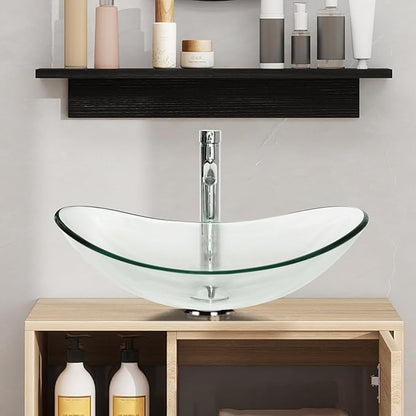 YOURLITE Floating Bathroom Vanity with Sink, Wall-Mounted, 24" Bathroom Vanity and Sink Combo with Mirror and Faucet & Pop Up Drain Set Clear Glass Boat Sink