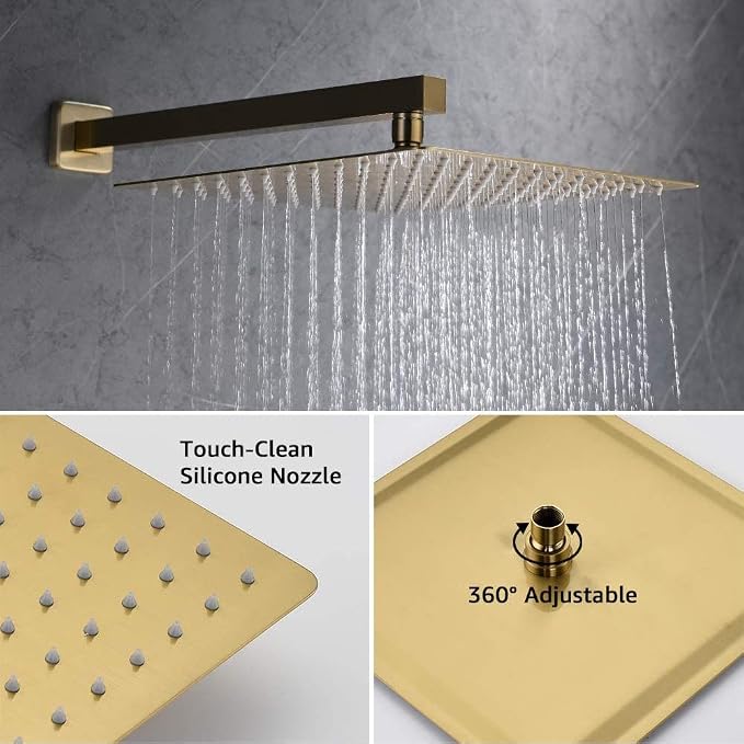Iriber Brushed Gold Rain Shower System with Waterfall Tub Spout 3 Function Shower Faucet Set Contain 12 Inch Shower Head and Handheld Modern Bathroom Shower Trim Kit (Valve Cartridge Included)