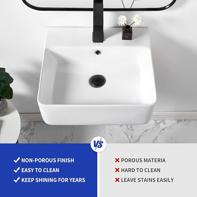 18.1 x 16.5 inch Modern White Rectangle Wall Mounted Bathroom Sink, Mini Floating Bathroom Vessel Sinks, Small Porcelain Corner Wall Mount Sink for Rvs, Restroom, Toilet