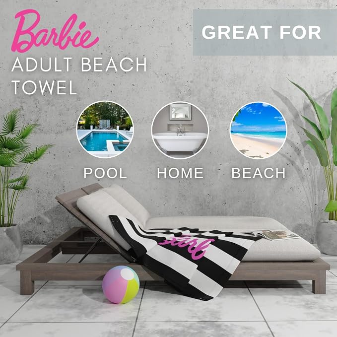 Barbie Barbiecore Black & White Striped Soft Cotton Bath/Pool/Beach Towel, 60 in x 30 in, (Official Licensed Barbie Product) By Franco
