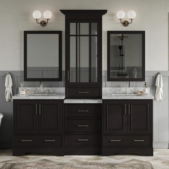 ARIEL Stafford 84-inch Bathroom Vanity with Sink,Solid Wood, 1.5-inch Italian Carrara Marble Countertop, Double Rectangular Porcelain Sink, 5 Soft Closing Doors, 6 Dovetail Drawers, Espresso