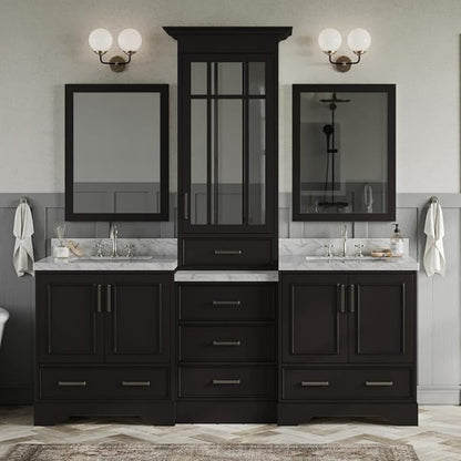 ARIEL Stafford 84-inch Bathroom Vanity with Sink,Solid Wood, 1.5-inch Italian Carrara Marble Countertop, Double Rectangular Porcelain Sink, 5 Soft Closing Doors, 6 Dovetail Drawers, Espresso
