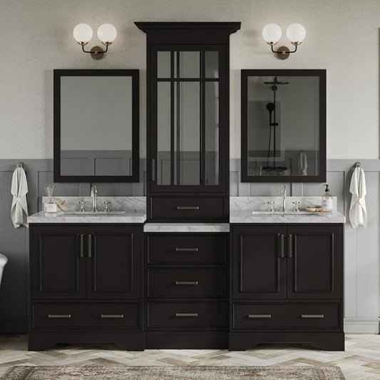 ARIEL Stafford 84-inch Bathroom Vanity with Sink,Solid Wood, 1.5-inch Italian Carrara Marble Countertop, Double Rectangular Porcelain Sink, 5 Soft Closing Doors, 6 Dovetail Drawers, Espresso