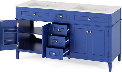AMERLIFE 60" Bathroom Vanity with Double Sink, Modern Solid Wood Vanity Cabinet, 30-Minute Easy Assembly, 3 Storage Drawers & Adjustable Shelves, Navy Blue