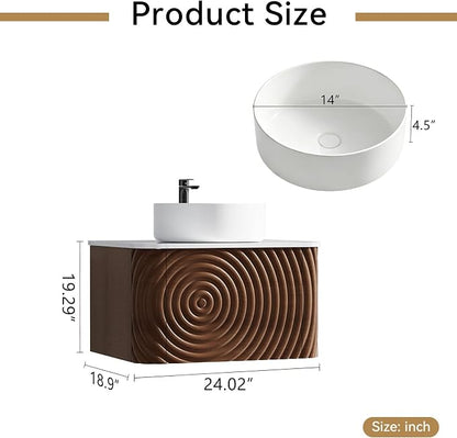 24" Floating Bathroom Vanity with Sink, Mid-Century Wall Mounted Bathroom Vanity Cabinet with Waved Decor, Ceramic Vessel Basin, Sintered Stone Top, Soft Close Storage Drawer, Walnut