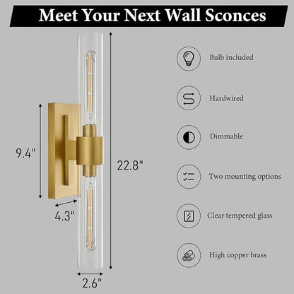 Champagne Brass Bathroom Wall Sconce: Modern Gold Indoor Dimmable Lighting | Clear Glass Tube Light Fixtures, Vertical or Horizontal Mounted Vanity Sconces for Living Room Bedroom Hallway