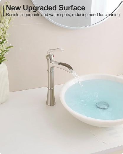 Brass Vessel Sink Faucet Brushed Nickel, Waterfall Bathroom Sink Faucet 1 Hole, Single Handle Bathroom Faucet, Tall Faucet for Bathroom Sink with Pop-Up Drain & Water Hoses for Save Water