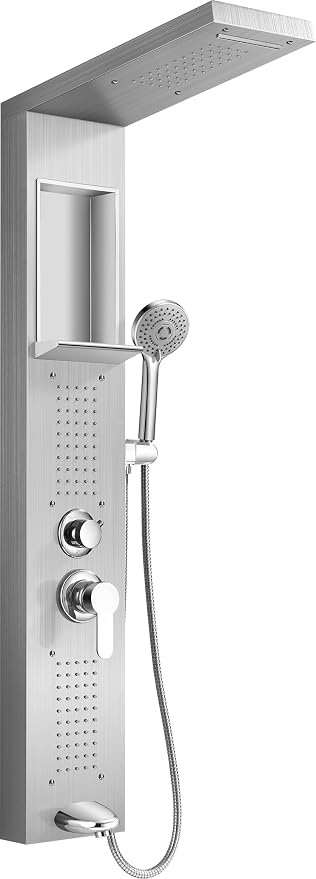 Shower Panel Tower System with Handheld Sprayer, Body Jets and Shelf | Rainfall and waterfall shower tower with tub spout, 5-setting handheld sprayer, body jets, shelf, and independent controls