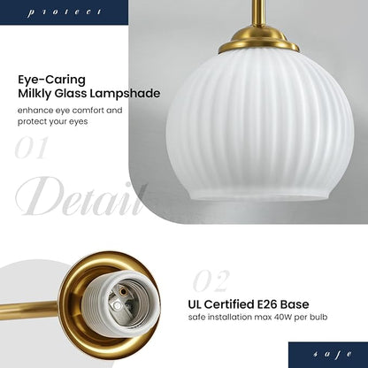 RUIYEY Bathroom Vanity Light Fixtures: 4 Lights Brushed Gold Ribbed Lantern Vanity Lights for Bathroom, E26 60W Hardwired Wall Sconce Lighting with Frosted Milky Glass Over Mirror (Exclude Bulb)