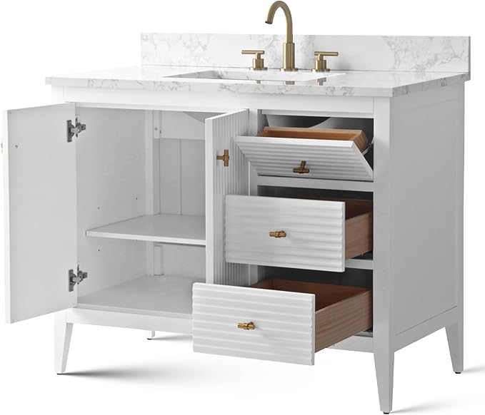 Vanity Art 42 inch Bathroom Vanity with Single Sink & Ceramic Top, Vanity Cabinet with Soft-Closing Door, Solid Wood Frame, Linear Pattern, White, VA9142-W-MB,Matte Black Handles