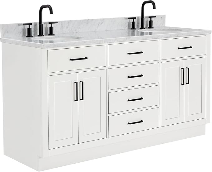 ARIEL Hepburn 66-inch Bathroom Vanity with Sink,Solid Wood, 0.75-inch Italian Carrara Marble Countertop & Backsplash, Double Oval Porcelain Sink, 4 Soft Closing Doors, 6 Dovetail Drawers, White