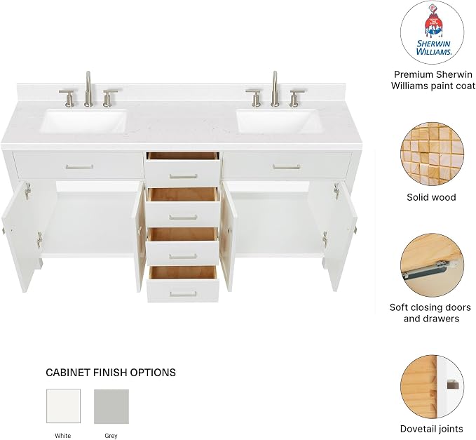 Alenza 72 Inch Bathroom Vanity Double Sink — White Bathroom Vanity with Sink, 1.5" Edge Carrara White Quartz Countertop & Backsplash, 4 Soft-Close Doors, 4 Dovetail Drawers
