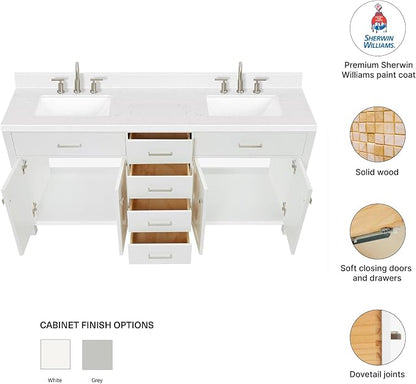 Alenza 72 Inch Bathroom Vanity Double Sink — White Bathroom Vanity with Sink, 1.5" Edge Carrara White Quartz Countertop & Backsplash, 4 Soft-Close Doors, 4 Dovetail Drawers