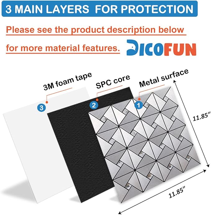 DICOFUN 10-Sheet Peel and Stick Backsplash Metal Tile, Mixed Glass Self-Adhesive Mosaic Tiles, Stainless Steel Stick on Wall Tiles for Kitchen and Bathroom Backspalsh, Mirror Décor