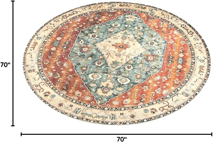 Lahome Felice Boho Tribal Round Rugs 6ft Washable Living Room Area Rug, Soft Bedroom Circle Rug, Oriental Large Indoor Floor Dining Room Carpet for Entryway Nursery (Rust/Dull Teal,6ft-Round)