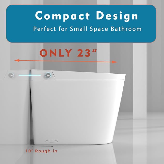 WinZo 23" Compact Smart Toilet with Bidet Seat Built-in For Small Bathroom, Auto Flush, LED Night Light,Heated Bidet with Warm Air Drying (White with Black Panel) (12'' Rough-in White)
