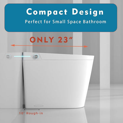 WinZo 23" Compact Smart Toilet with Bidet Seat Built-in For Small Bathroom, Auto Flush, LED Night Light,Heated Bidet with Warm Air Drying (White with Black Panel) (12'' Rough-in White)