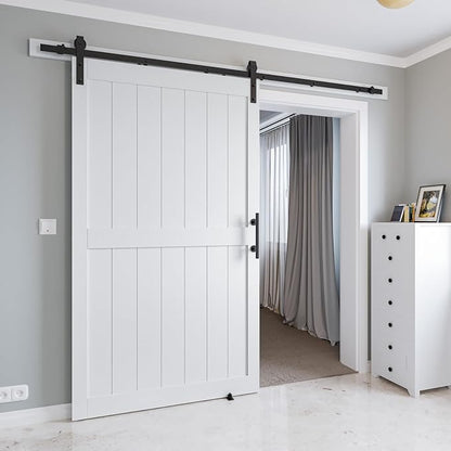 48in x 80in MDF Sliding Barn Door with 8ft Barn Door Hardware Kit & Handle | White Solid Barn Door Slab Covered with Water-Proof PVC Surface, Pre-Drilled Holes Easy Assembly, H-Frame