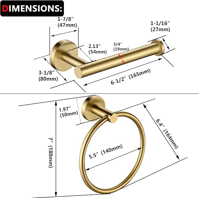 Gold Toilet Paper Holder, Towel Ring Set 2 Pieces Hand Towel Holder for Bathroom Hardware Accessories Set SUS304 Stainless Steel Sturdy Wall Mount Bathroom Holder…