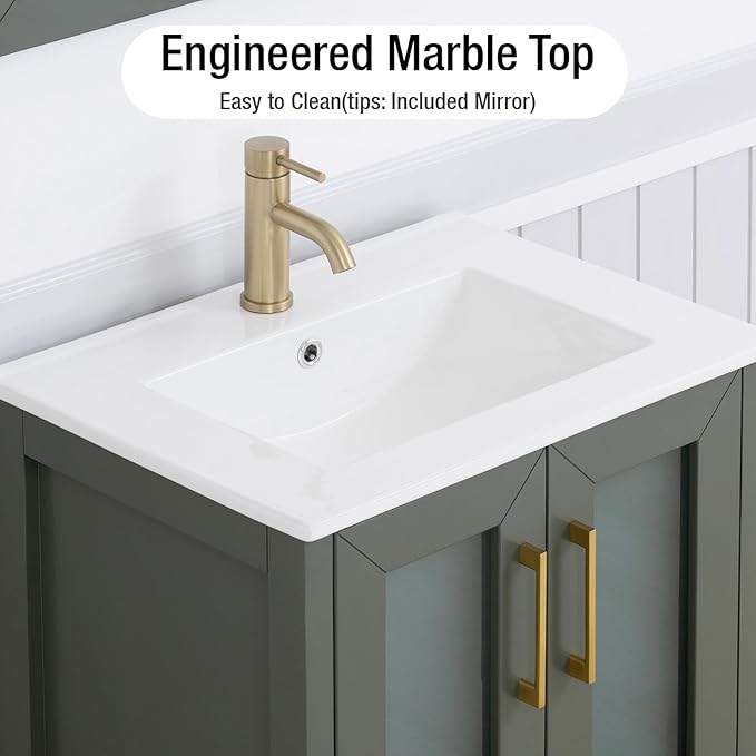 HOMEBEYOND 24 Inch Modern Bathroom Vanity with Sink & Mirror, Single Vanity Cabinet with Basin and Mirror, Dove-Tailed Drawers, Soft-Closing Doors, Wood, Vintage Green